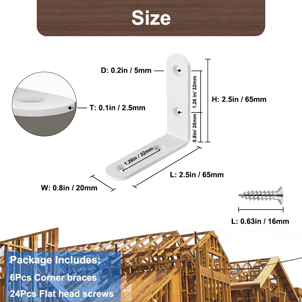 White L Bracket 2.5 Inch Stainless Steel Corner Brace, 6 Pcs 90 Degree Joint Heavy Duty Right Angle Brackets for Wood Shelves, Cabinet, Frame, with Screws