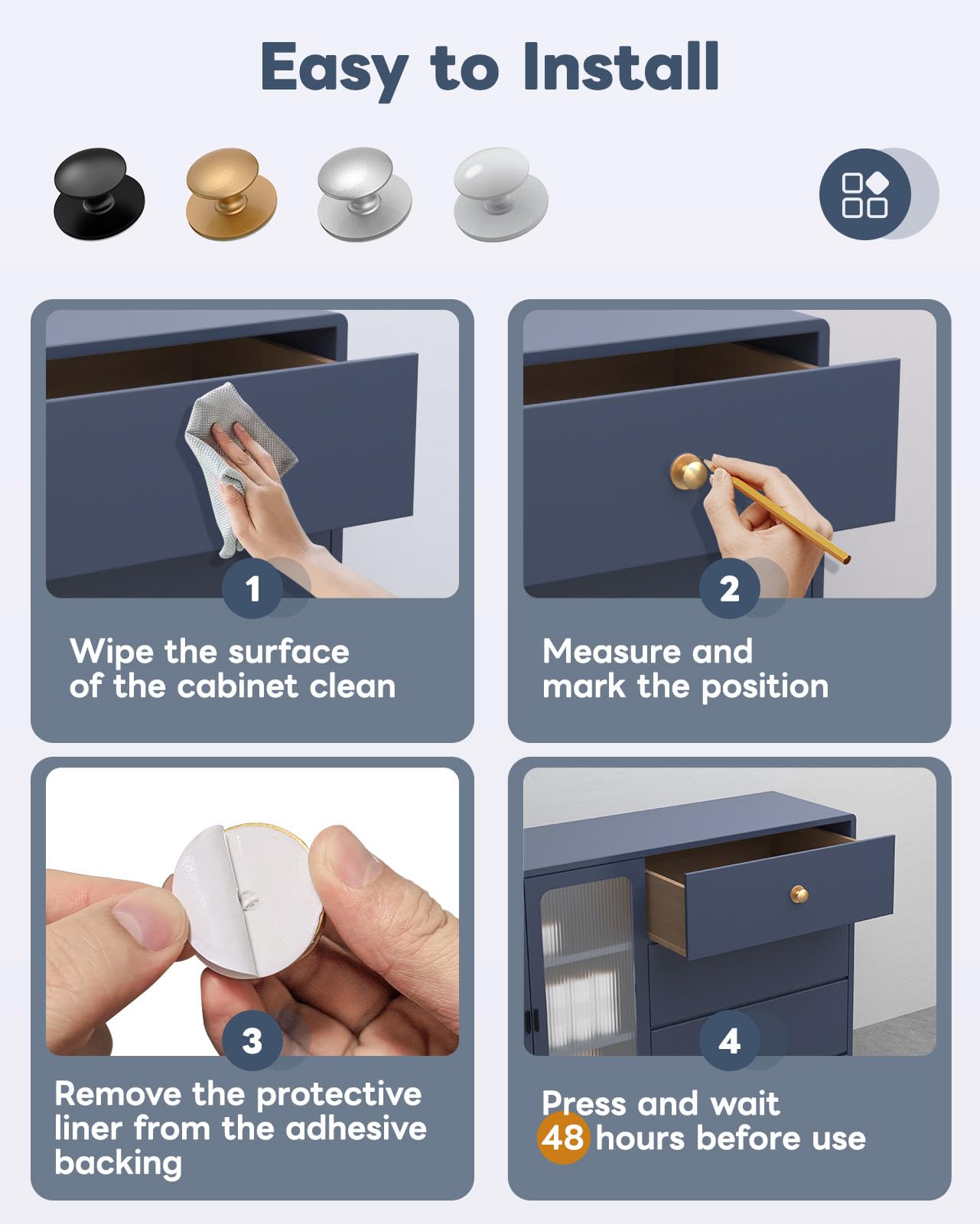 Anobeyi 5 Pack Self Adhesive Cabinet Knobs, No Drilling Self Stick Drawer Knob, Stick-on Kitchen Cabinet Stainless Steel Handle Pull for Window, Wardrobe, Dresser, Cupboard, Closet (5, Antique Gold)