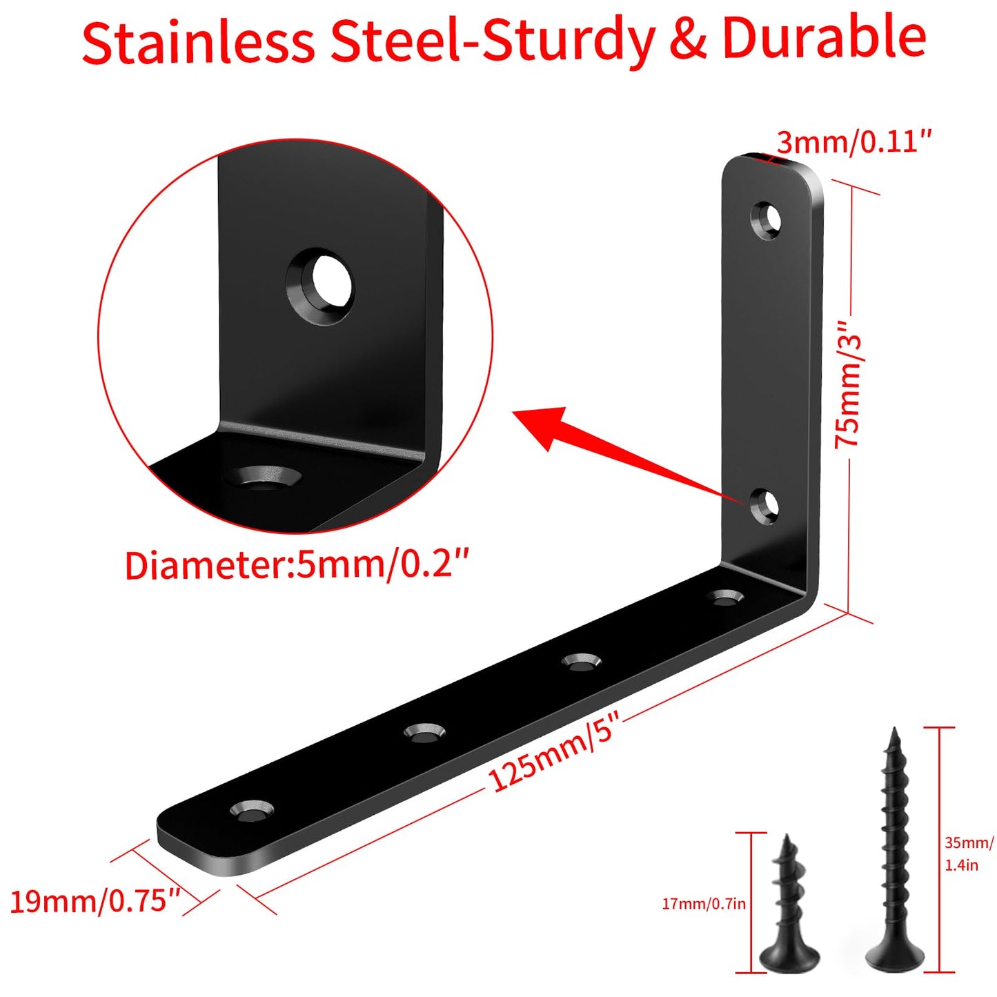 YUMORE L Bracket, 5" x 3" Max Load: 35lb/15KG Heavy Duty Stainless Steel Solid Shelf Support Corner Brace Joint Right Angle Bracket, Pack of 4, Black