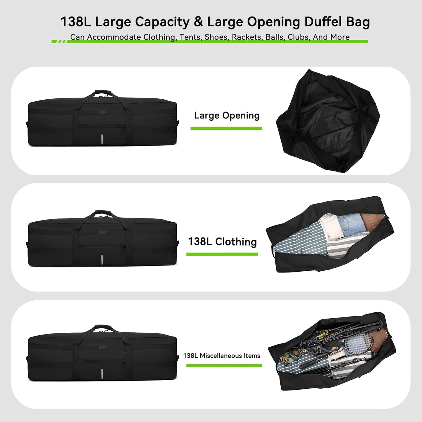 Skiennix Extra Large Duffel Bag - 138L Water Resistant & Foldable Travel Luggage | Black
