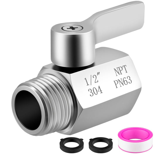 Shower Head Shut Off Valve 304 Stainless Steel Mini Ball Valve(1/2" Female X Male) NPT Thread Water Flow Control，RV Shower Head with Hose Flow Restrictor