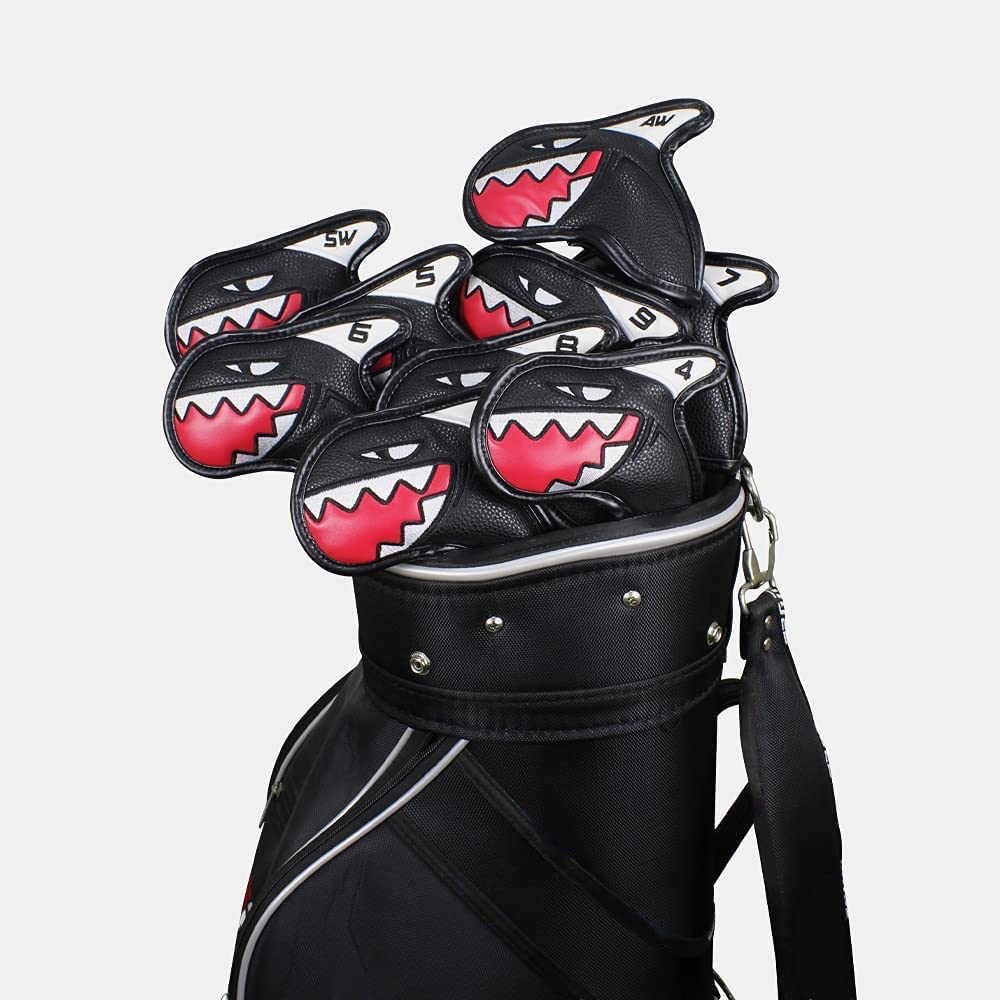 Scott Edward 9Pcs Golf Club Iron Head Covers Protector PU Leather Embroidery Number Fit Well Club 4-9/A/P/S (Black Shark)