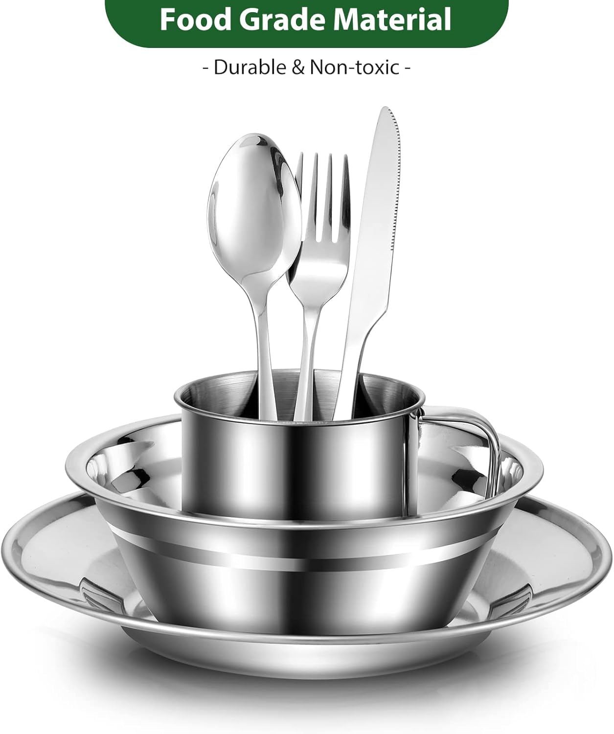 Odoland 29pcs Stainless Steel Utensils Camping Mess Kits with Bowls Plates Cups Forks Spoons and Knives for 4, Cutlery Flatware Set for Backpacking, Outdoor Camping Hiking and Picnic, 6 Person Set