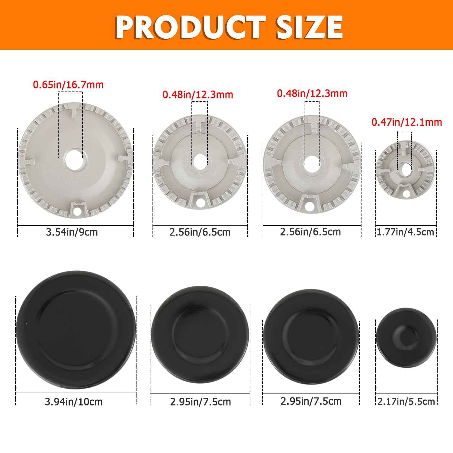 HUAREW Gas Stove Burner Caps Set, Cooker Hat Set Suitable for Most Gas Stove Burners, 1 Large, 1 Small, 2 Middle