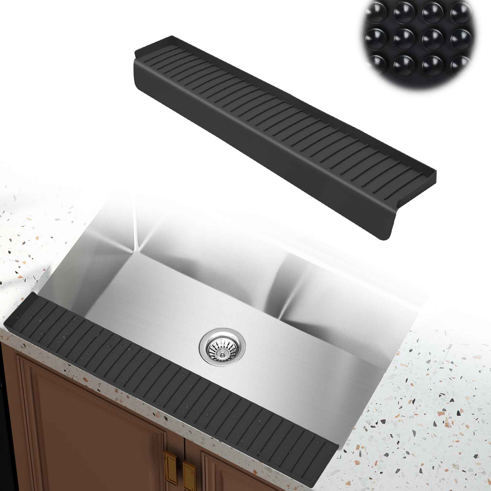 Kitchen Sink Splash Guard, 4 * 24‘’ Sink Edge Protector with Suction Cups, Silicone Faucet Splash Guard & Draining Mat for Kitchen, Bathroom Sink, Steel, Granite, Quartz Countertops (Black)