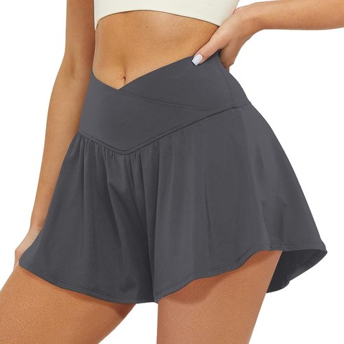 FireSwan Women's Crossover Athletic Shorts - 2-in-1 Flowy Running Shorts with Pockets | Butterfly Design
