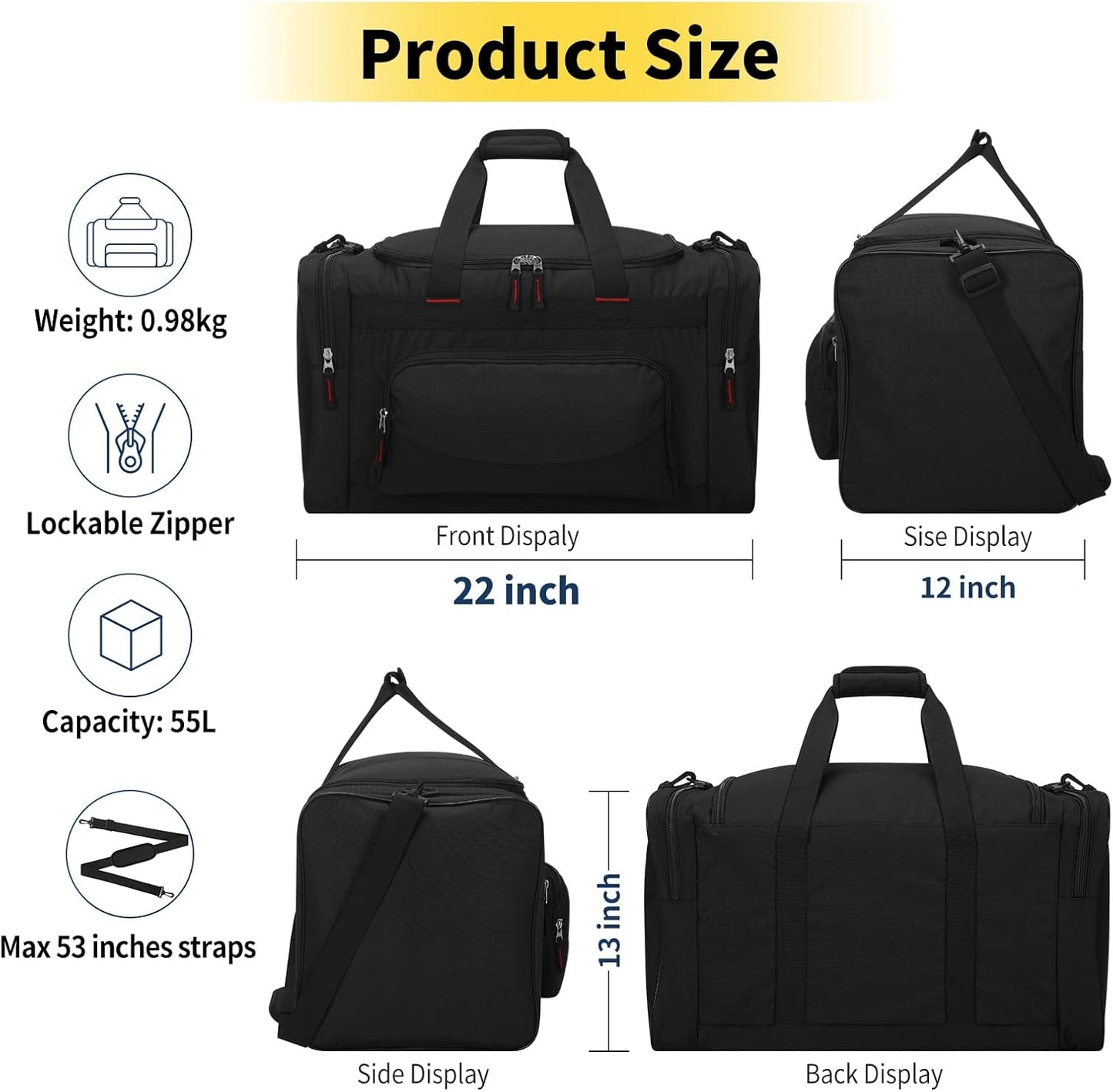 Skiennix 22-Inch Gym Bag for Men - 55L Large Travel Duffle with Multiple Zippered Pockets | Black