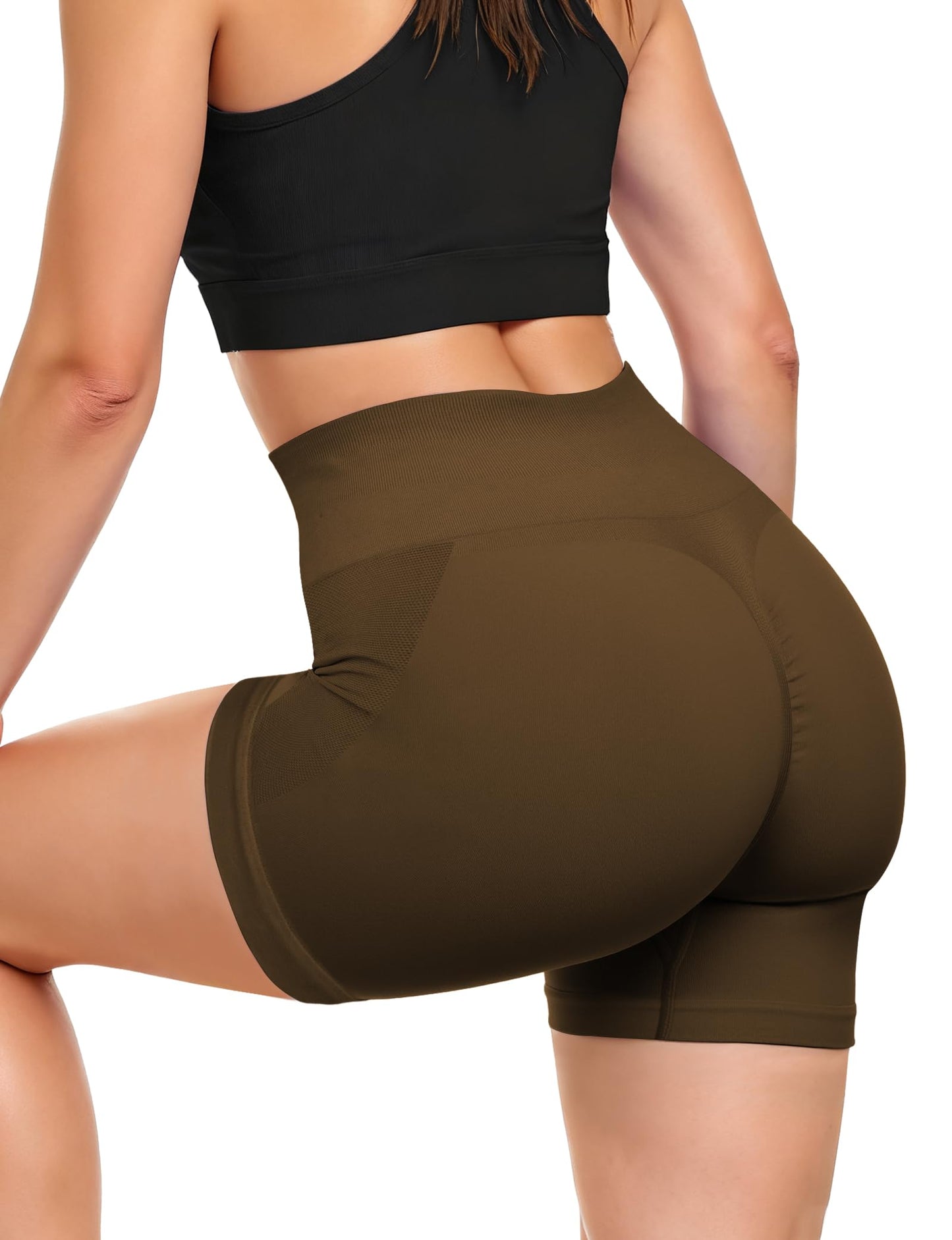 Buauty Women's 3.6 Inch Booty Shorts, High Waisted Seamless Scrunch Butt Gym Workout Shorts with Tummy Control, Squat Proof Stretch for Yoga, Pilates, Fitness and Daily Wear Coffee