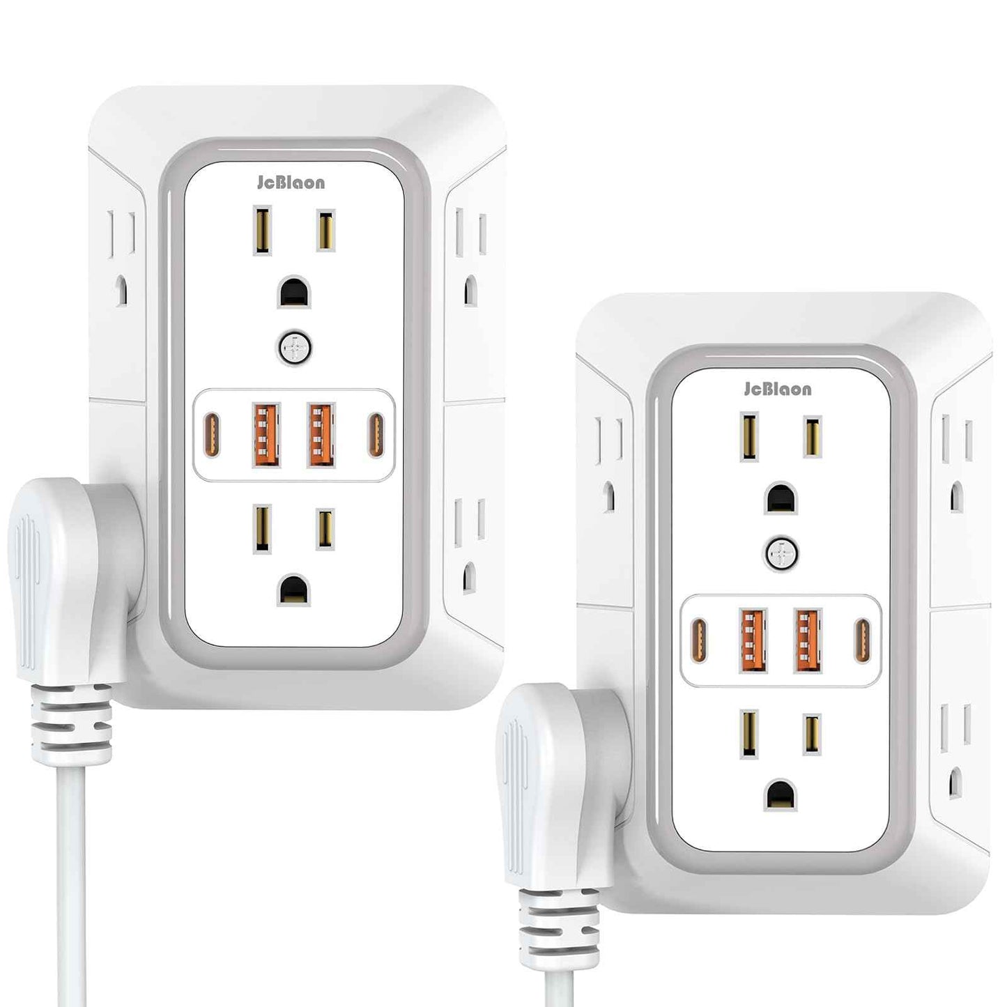 2 Pack Wall Charger, Surge Protector 6 Outlet Extender Multi Plug Wall Outlets with 4 USB Charging Ports (2 USB C Outlet) 3 Sided 1050J Power Strip Wall Adapter Spaced for Home Travel Office