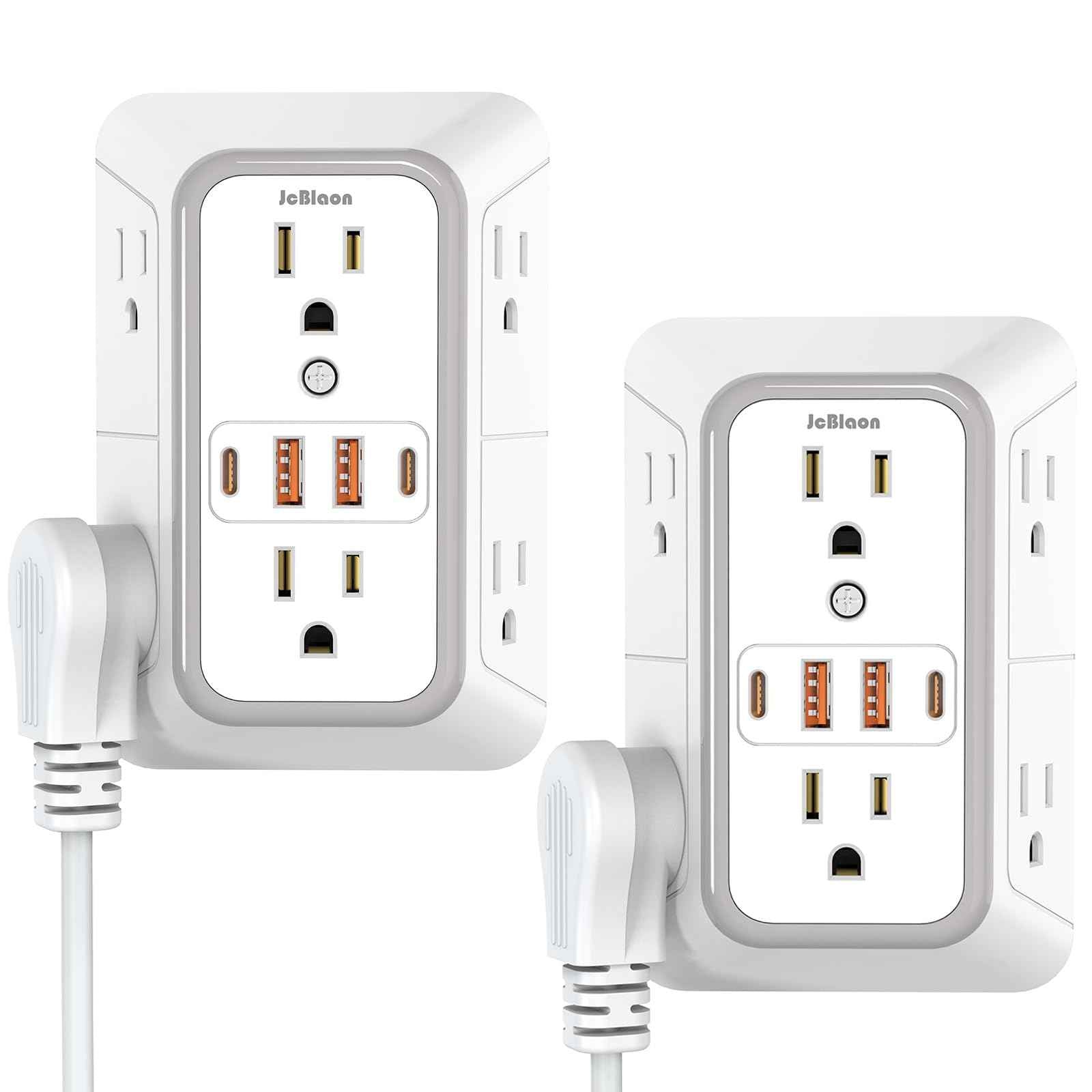 2 Pack Wall Charger, Surge Protector 6 Outlet Extender Multi Plug Wall Outlets with 4 USB Charging Ports (2 USB C Outlet) 3 Sided 1050J Power Strip Wall Adapter Spaced for Home Travel Office