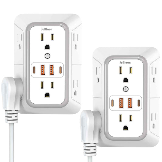 2 Pack Wall Charger, Surge Protector 6 Outlet Extender Multi Plug Wall Outlets with 4 USB Charging Ports (2 USB C Outlet) 3 Sided 1050J Power Strip Wall Adapter Spaced for Home Travel Office