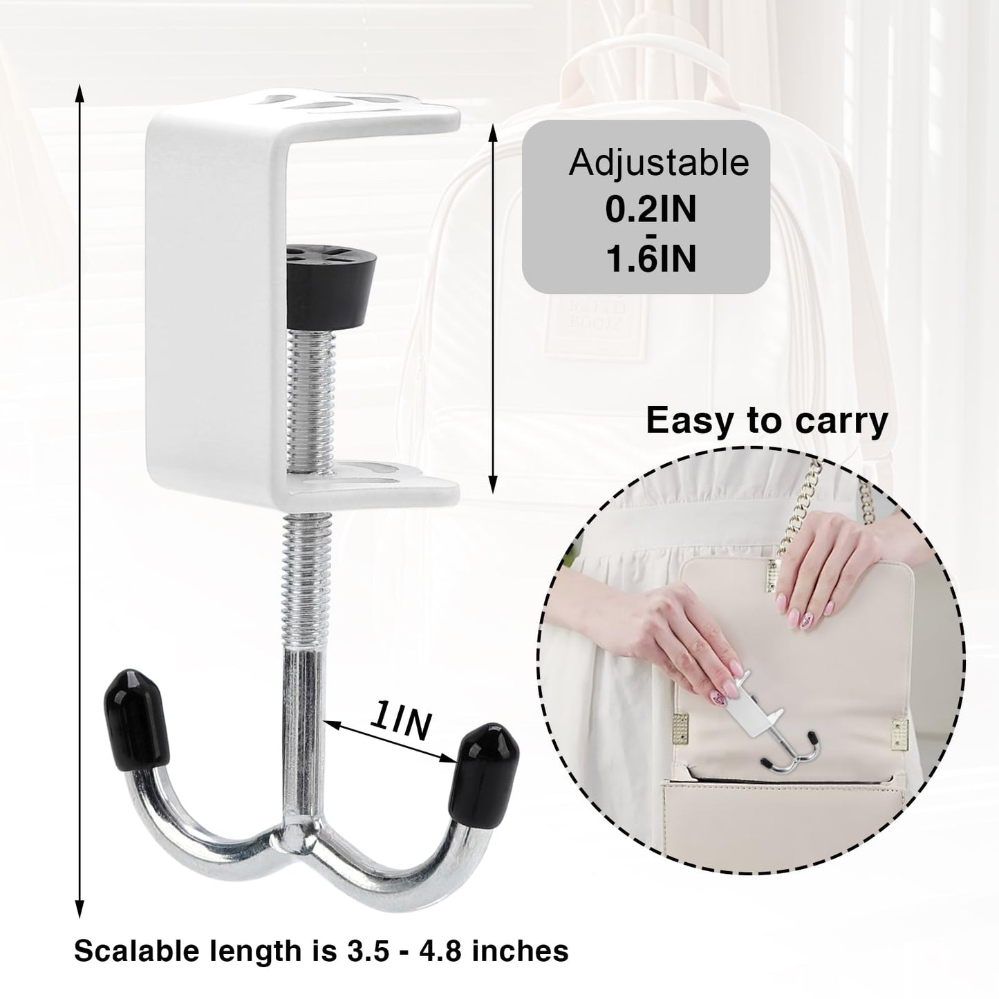 2 Pack Heavy-Duty Purse Hooks for Table & Desk - 100lb Capacity High-Strength Alloy Hanger, Multi-Use Bag Holder for Handbag, Backpack, Headphone, Umbrellas, Office Table Accessories (Cloud White)