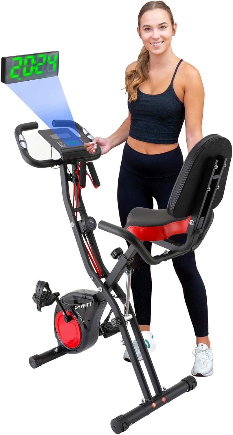 YYFITT 3-IN-1 Exercise Bike - Compact Folding Stationary Bike with Luminous Display | 16 Levels of Resistance, Backrest & Wider Seat