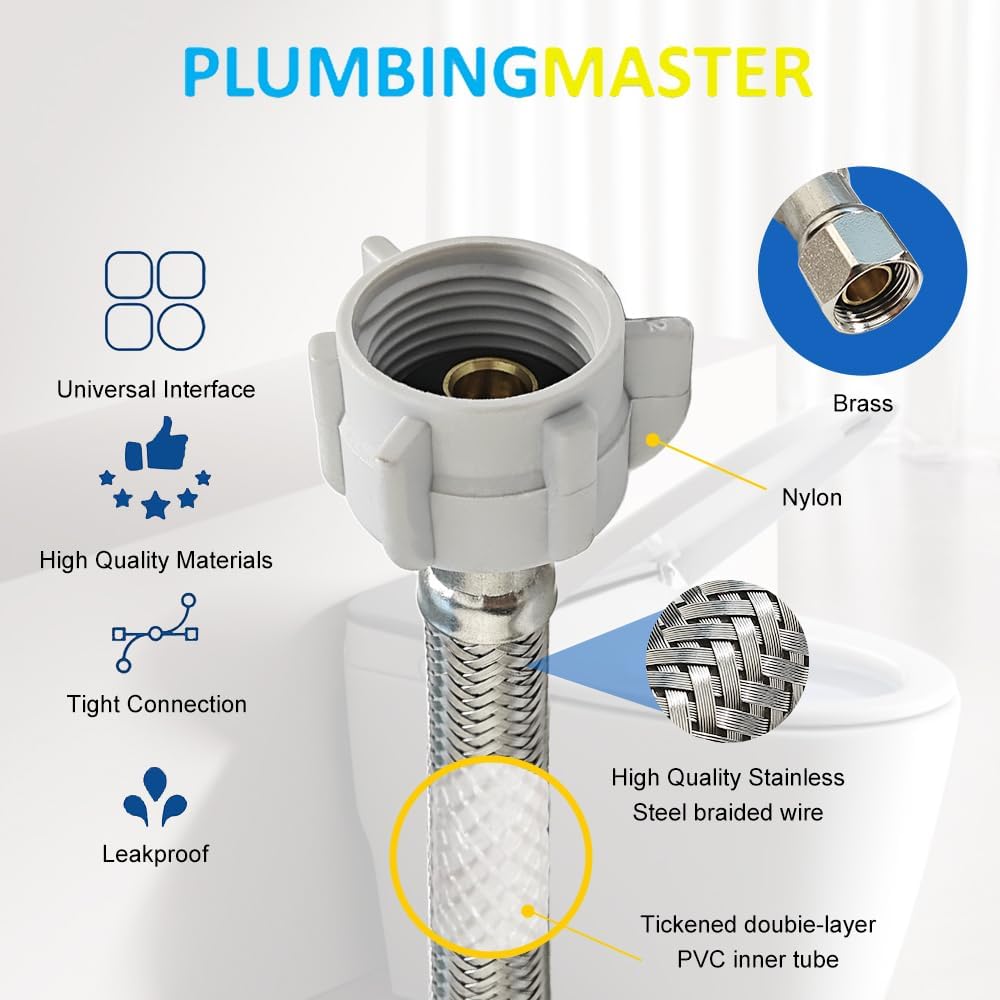 (2pcs 12 inch) PLUMBINGMASTER Toilet Water Supply Line,3/8" Comp x 7/8" BC Braided Stainless Steel Toilet Supply Line,Toilet Connector Hose with Anti-Leaking Brass Nut