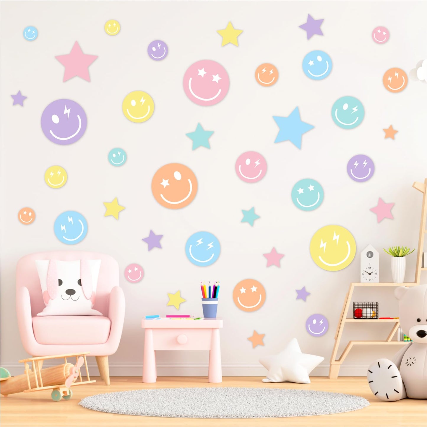 Whaline 12 Sheets Preppy Wall Stickers Pastel Smile Face Star Wall Decals Aesthetic Room Mural Stickers for Party Home Nursery, 7.9 x 11.8 Inch