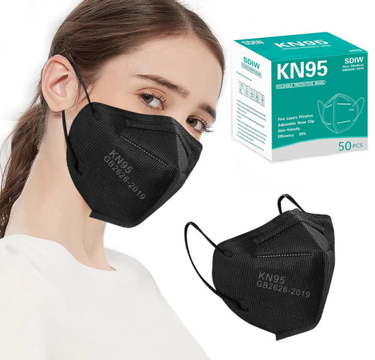 SDIW 50PCS KN95 Face Masks Black 5 Layer Cup Dust Safety Filter Efficiency≥95% with Elastic Ear Loops and Nose Bridge Clip Breathable Mask