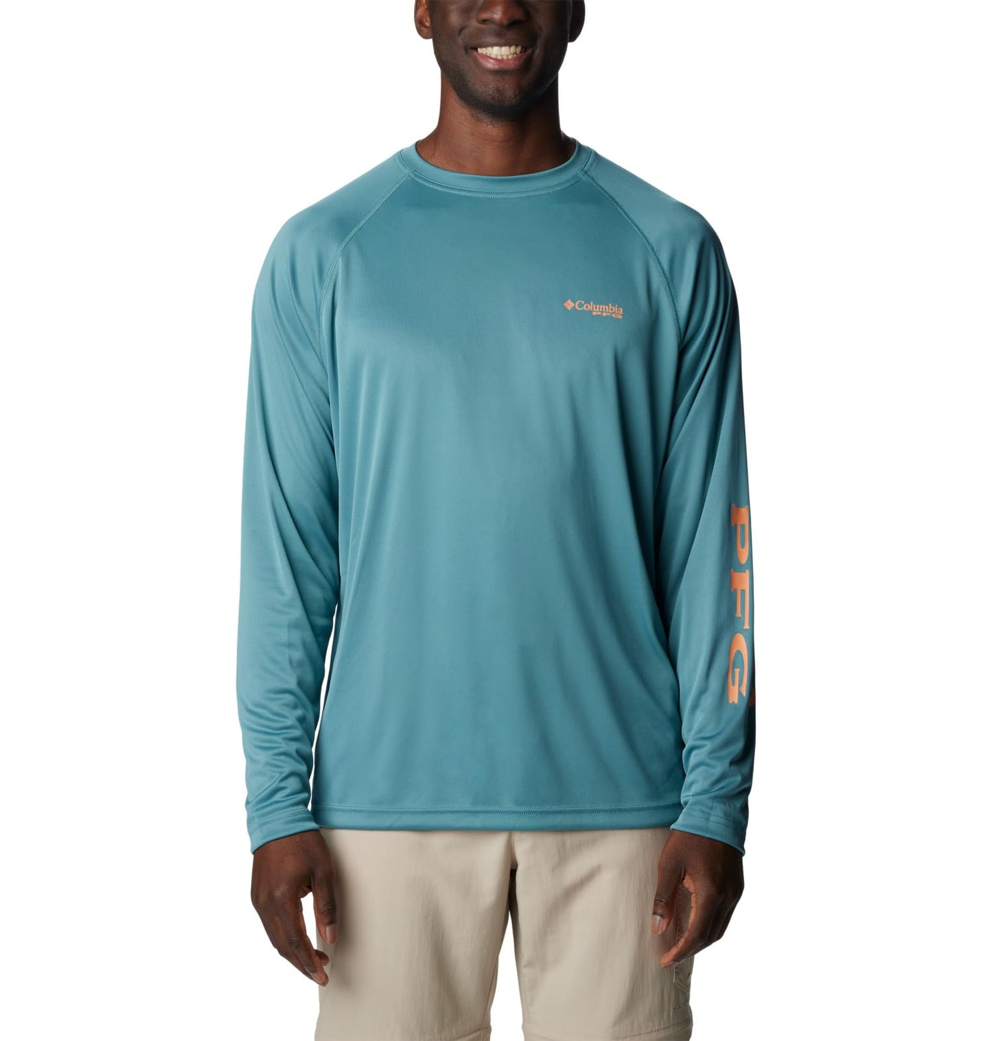 Columbia Men's Terminal Tackle Long Sleeve Shirt, Tranquil Teal/Orange Reef Logo, 2X Big