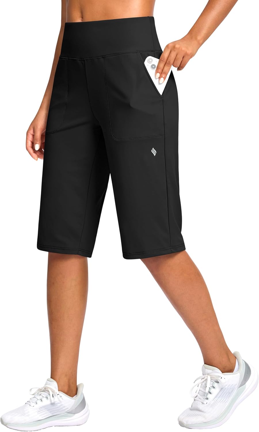 SANTINY 14" Knee-Length Women's Shorts - High-Waisted, Stretchy Bermuda Style with Pockets for Summer Casual Wear