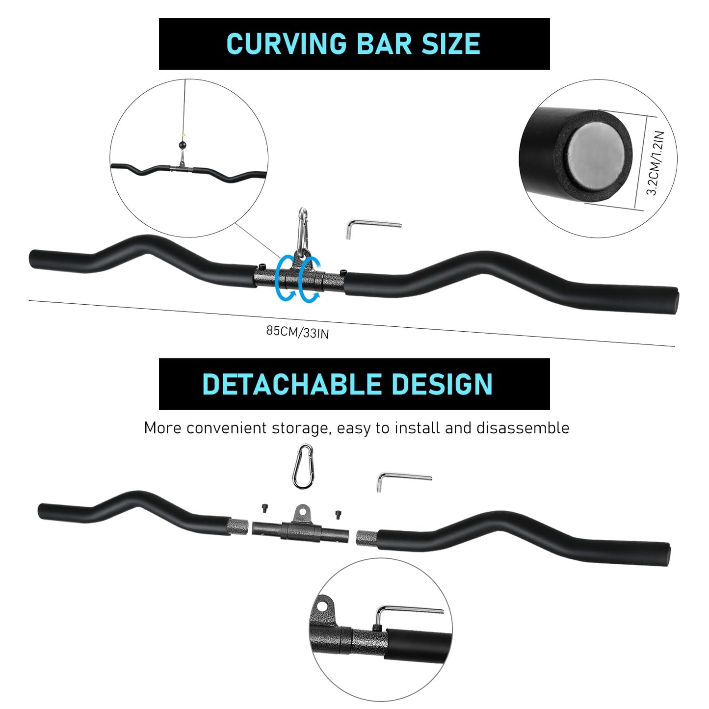 LAT Pull Down Bar, Detachable LAT Pulldown Attachment with Swivel Joint Wide Grip LAT Pulldown Bar for Cable Machine Home Gym Accessories, Muscle Training (33in Curved)