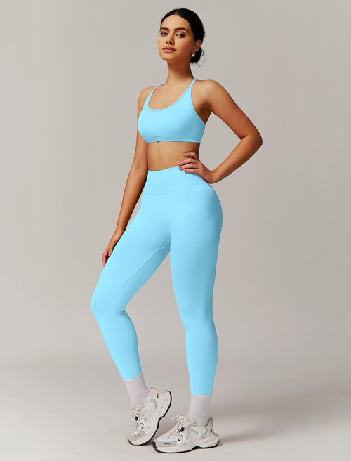 ABOCIW Two Piece Workout Sets for Women Seamless Backless Strappy Sports Bra Butt Lifting High Waist Gym Leggings Yoga Athletic Set Ice Blue Small