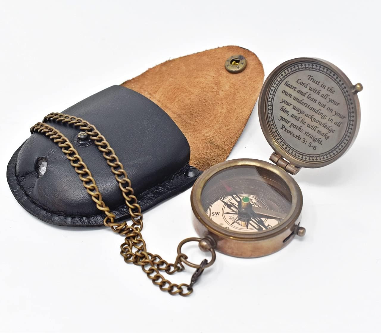 Trust In The Lord Engraved Compass - Proverbs 3:5-16 Graduation Gift | Stamped Leather Case, Perfect for Camping & Boating
