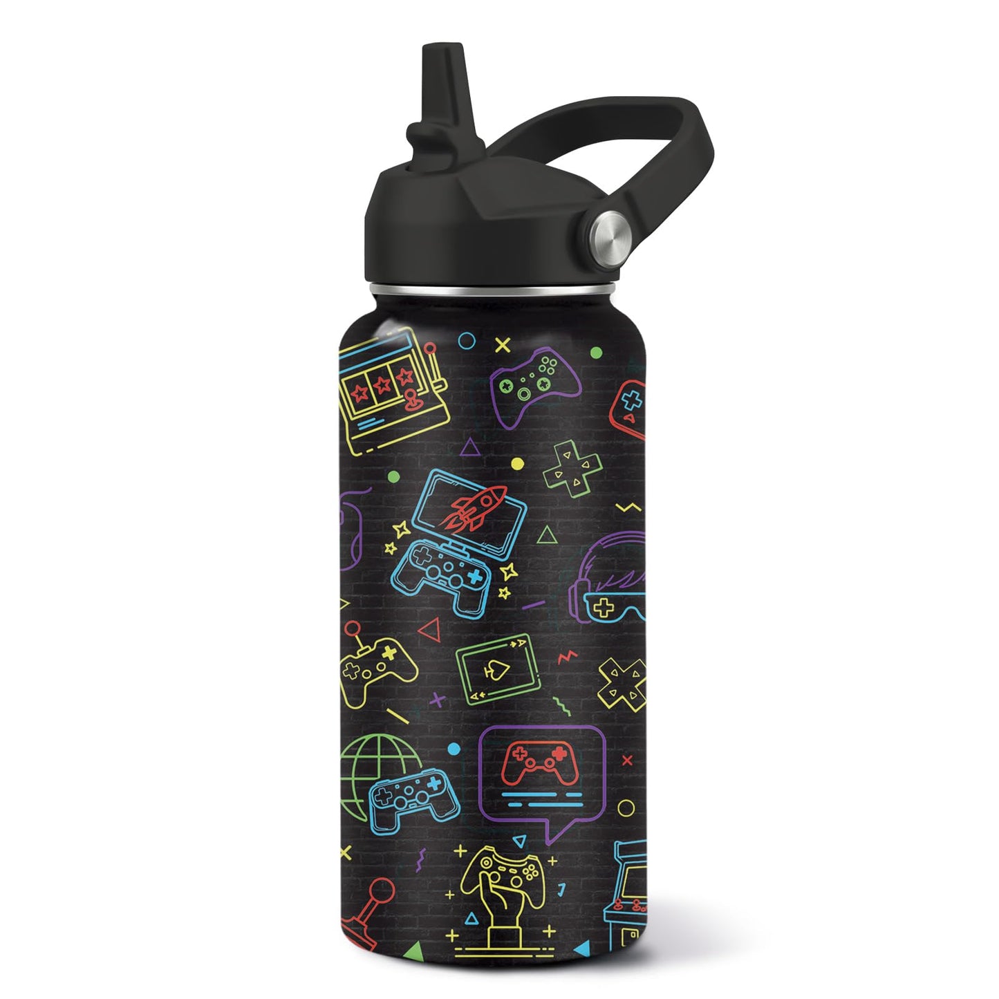 CGMIBAS Gamer Water Bottle 32oz - Insulated Stainless Steel with Straw, Leak Proof Lid - Ideal Gaming Gifts for Kids Boys Teens - BPA-Free Sports Bottle for School, Travel & Gaming