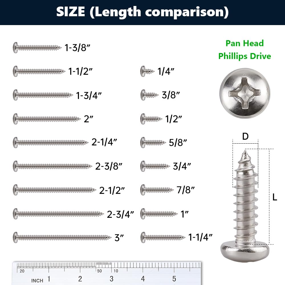 #14 x 1-1/2" (50 Pack) Stainless Steel Phillips Pan Head Wood Screws, Stainless Steel 304 (18-8), Pan Head Sheet Metal Screws Self Tapping for Wood