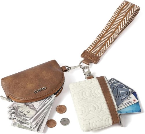 CLUCI Keychain Wallet - PU Leather Coin Purse with Detachable Dual Pouch | Beige and Brown
