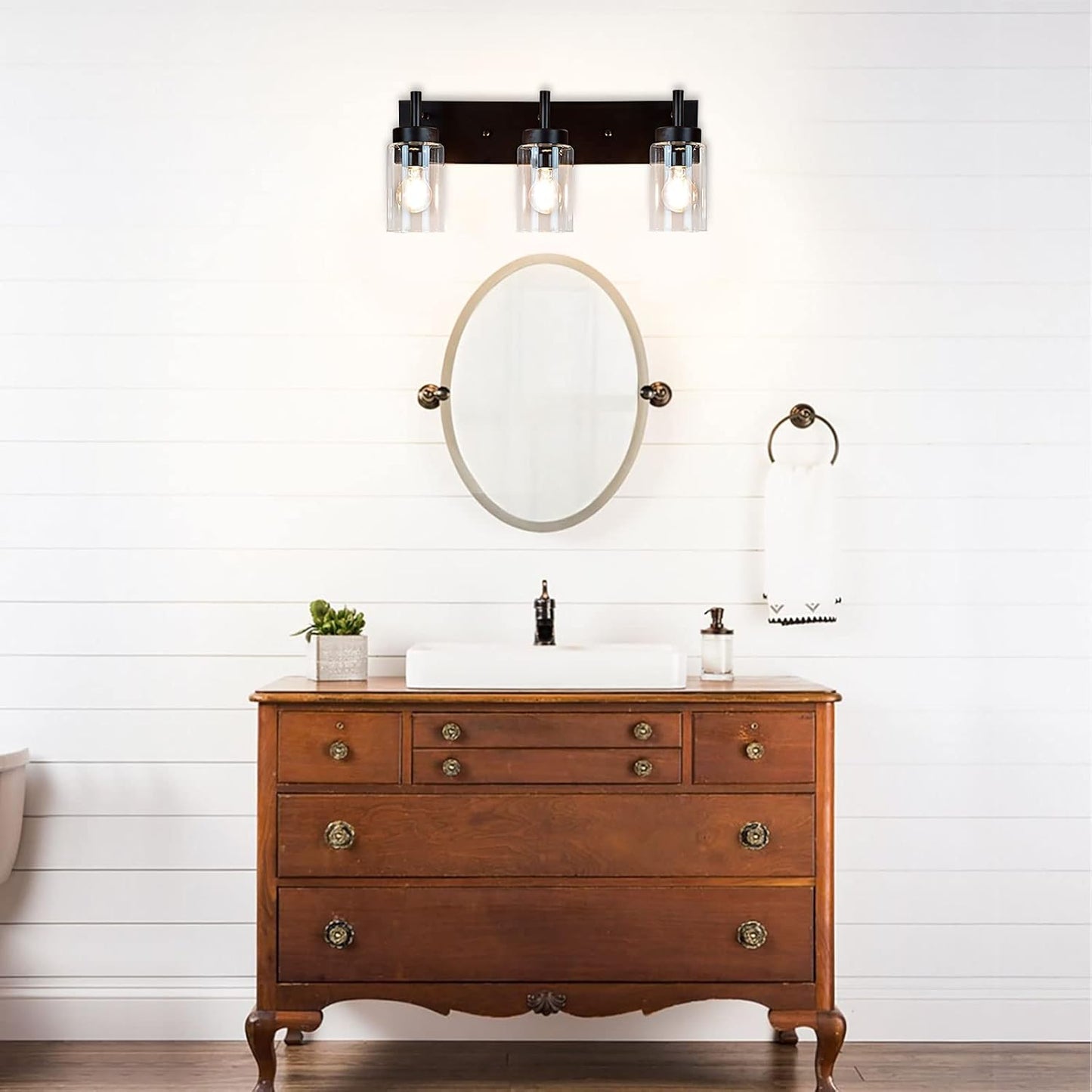 Modern Black 3-Light Bathroom Vanity Light Fixtures with Clear Glass Shades - 2 Pack