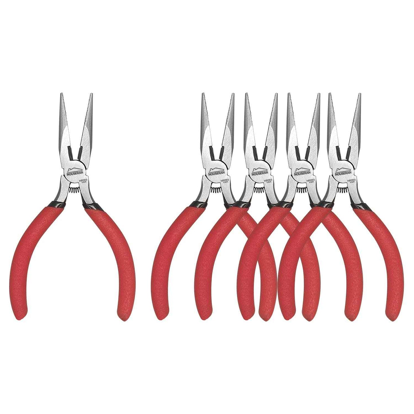 HOUSERAN Needle Nose Pliers, 5 Inch, 5 Pack, Long Nose Pliers with Side Cutter, Spring Loaded for Cutting and Bending Wire