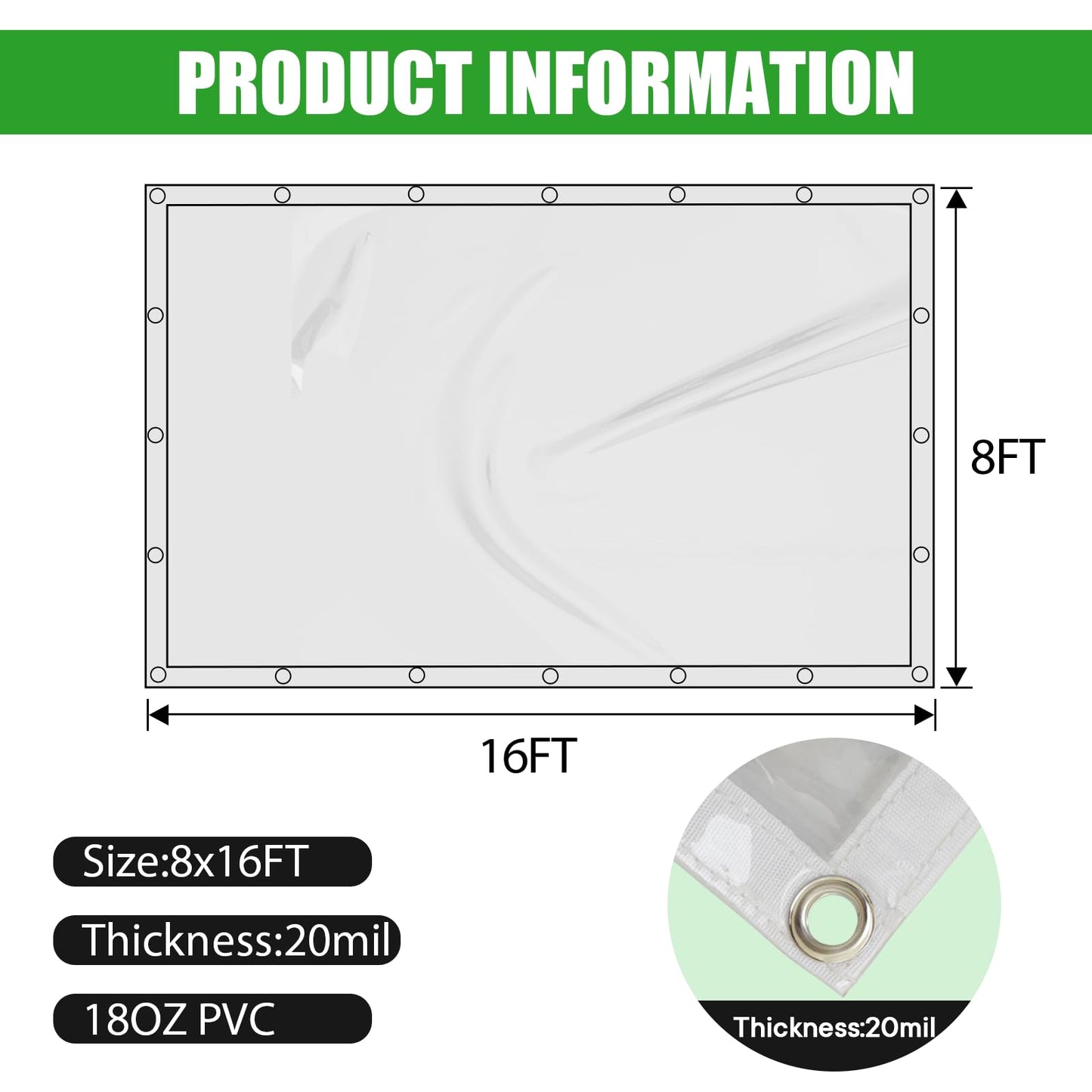 Chocikick Clear Tarp Heavy Duty Waterproof 8 x 16 FT, 20 Mil Clear Tarps with Grommets, Heavy Duty Clear Vinyl Tarp for Patio Pergola Garden Canopy Rainproof Wind-Proof Anti-Tear (8 x 16 FT)