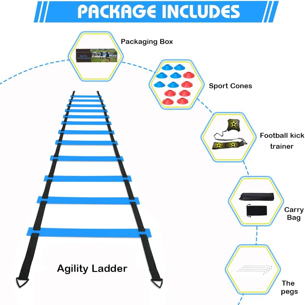 Soccer Speed Agility Training Set - 20FT Agility Ladder with 12/16 Sports Cones & Kick Trainer