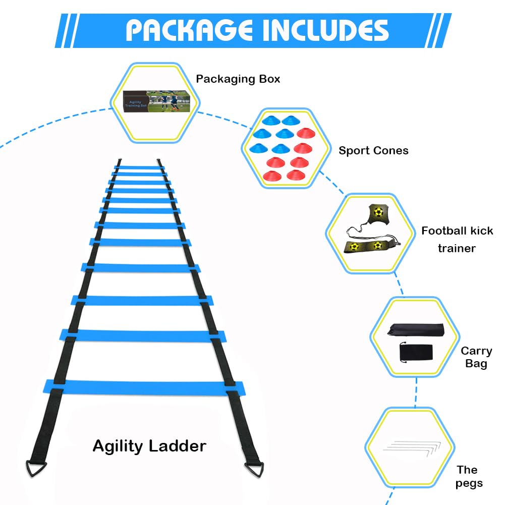 YGORTECH Soccer Training Equipment Set - 20FT Agility Ladder, 12 Soccer Cones, Kick Trainer, Speed and Agility Training Equipment for Indoor/Outdoor Practice Blue Ladder