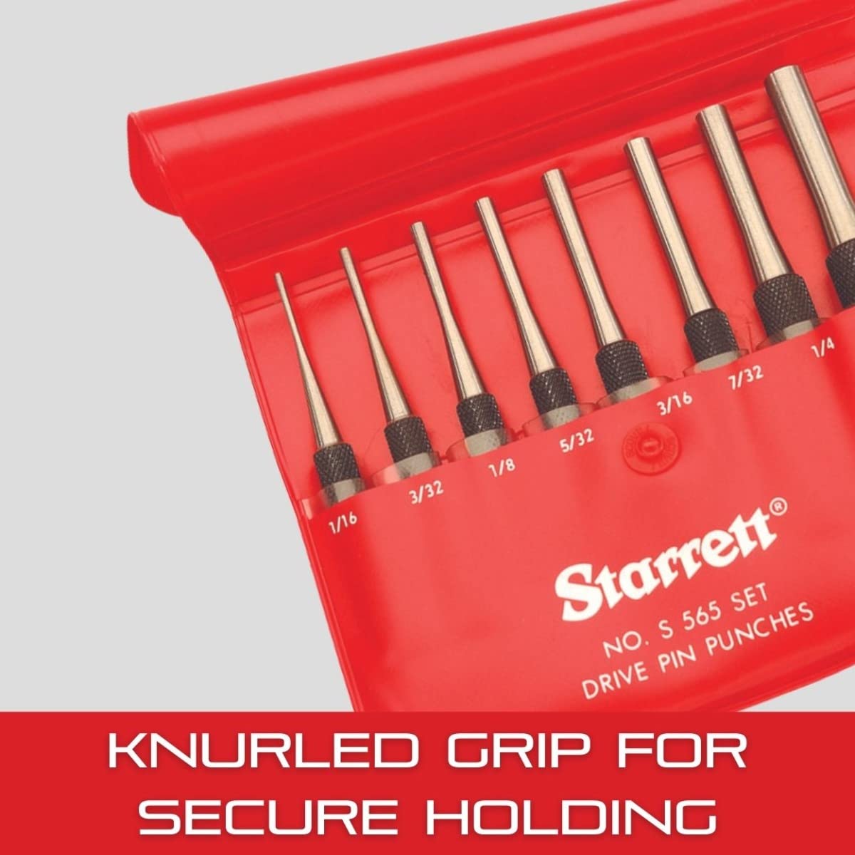 Starrett Brass Drive Pin Punch Set with Knurled Grip in Protective Fabric Pouch - 4" Length, 1/16", 3/32", 1/8", 5/32", 3/16", 7/32", 1/4", 5/16" Punch Diameter - SB565Z