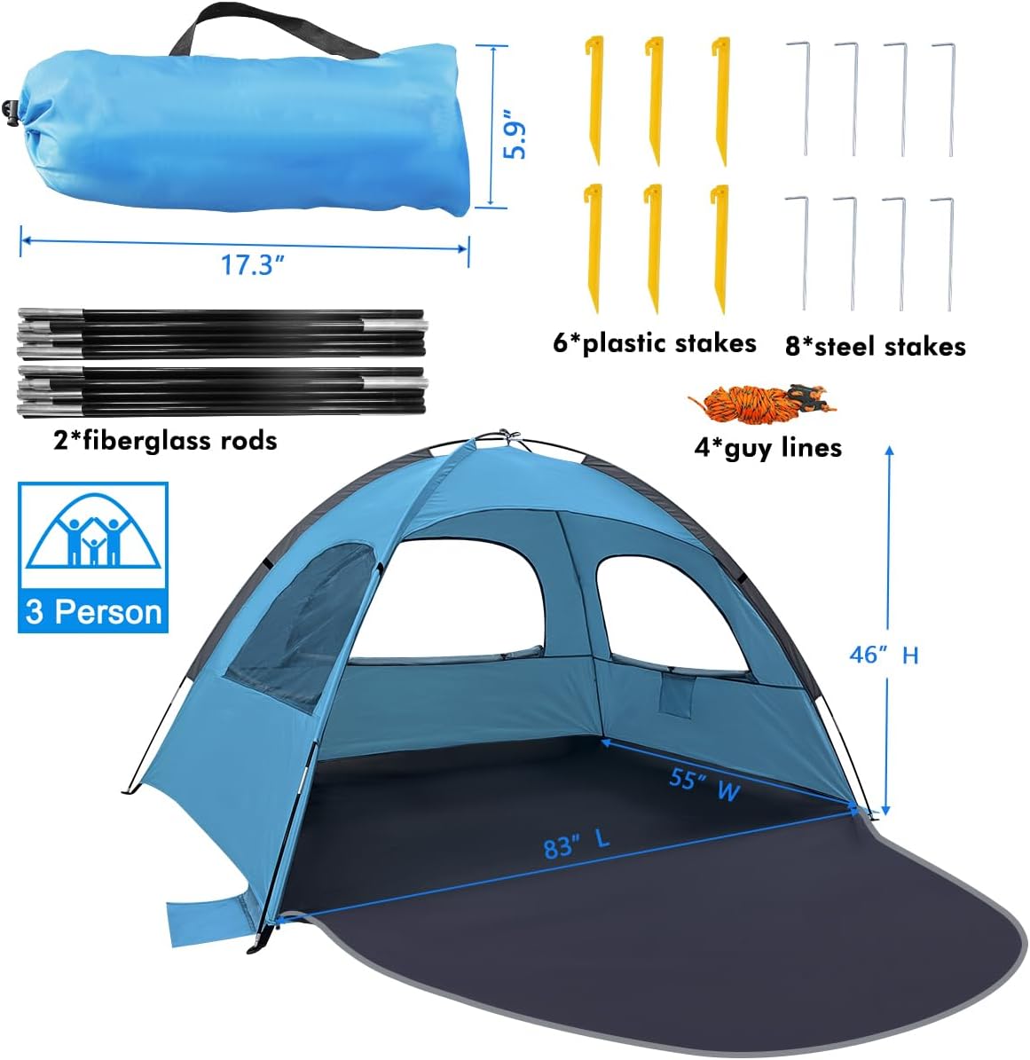 WhiteFang Beach Tent - Anti-UV Portable Sun Shade Shelter for Up to 8 People | Extendable Floor & 3 Mesh Windows