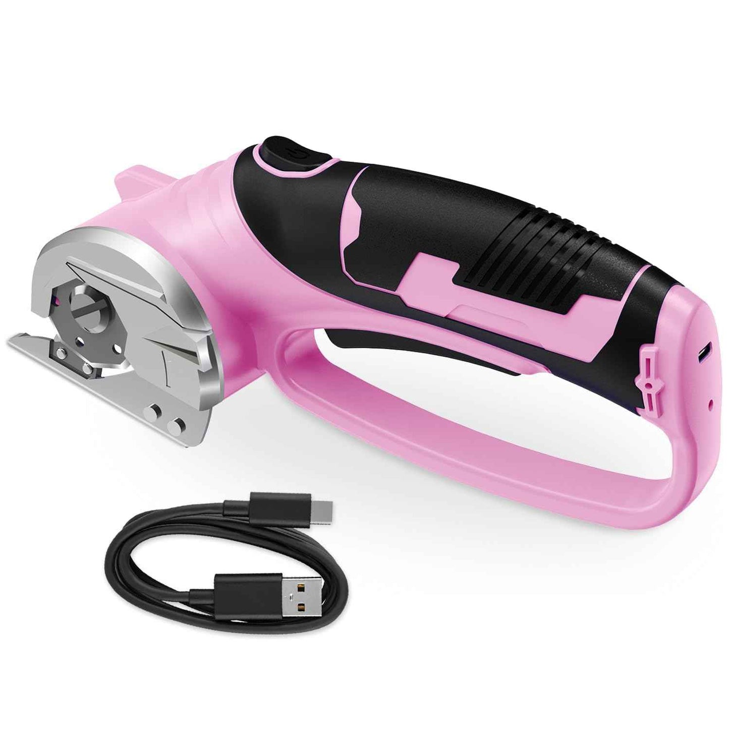 Cordless Electric Scissors, 4V Rechargeable Box Cutter & Cardboard Cutter with Titanium Blade, LED Light, Safety Lock - Rotary Cutter for Fabric, Leather, Carpet, Plastic, Crafting, Sewing (Pink)