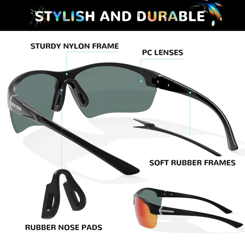 B.N.U.S Sports Sunglasses polarized UV Protection - Premium Lenses for Cycling, Running, Baseball, Rowing, Outdoor Adventures! (Black/Ruby Polarized, PC Lenses)