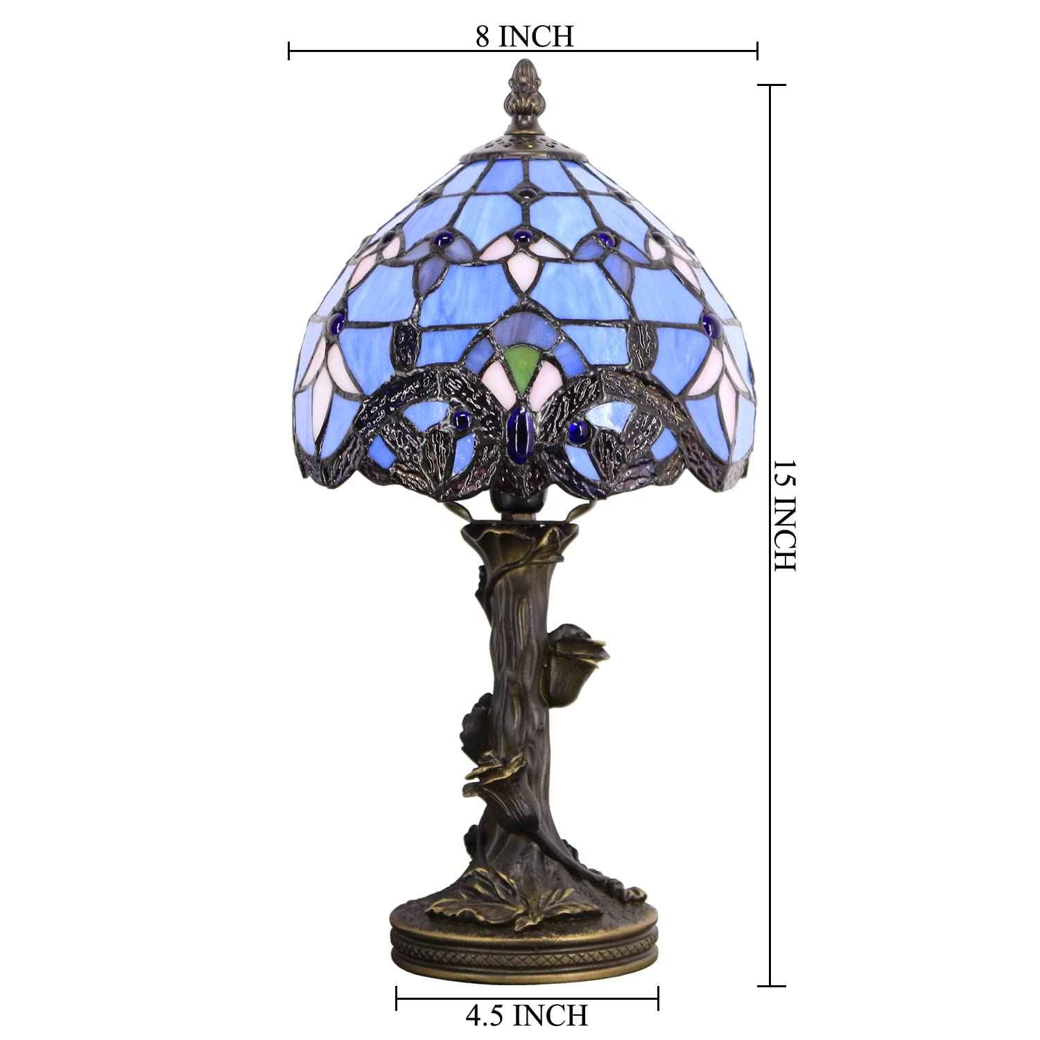 Small Tiffany Lamp Stained Glass Table Lamp Blue Baroque Style Bedside Desk Light Mini Accent Desk Memory Lamp 8X15 Inch
