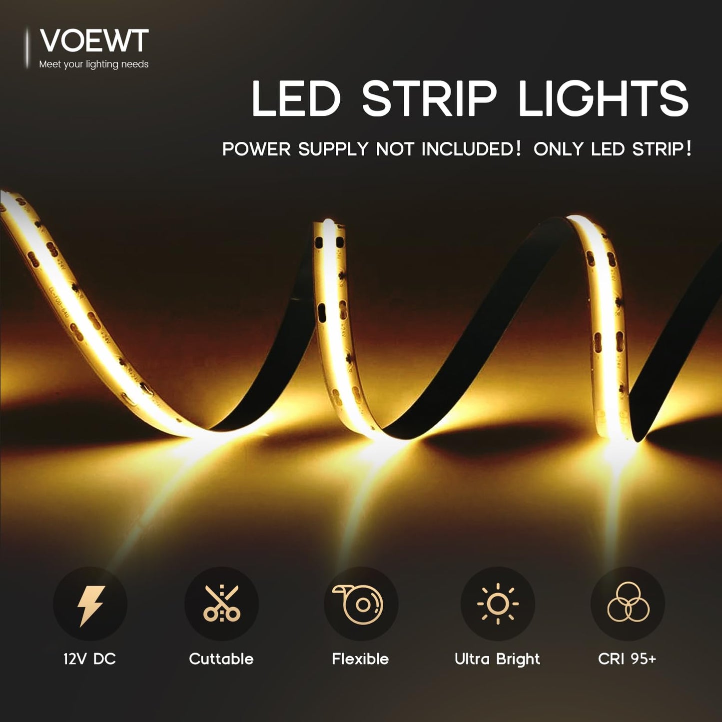 VOEWT COB LED Strip Lights Daylight White 6000K,16.4ft 12V High CRI 95Ra+ Super Bright,Flexible Tape Lights for Bedroom,Mirror,Kitchen Cabinet, Living Room(Power Supply Not Included)