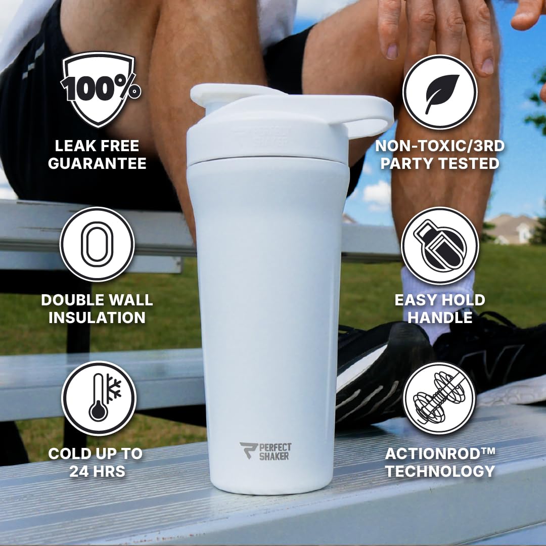 PerfectShaker Premium Stainless Steel Shaker Bottle – Double Wall Vacuum Insulated, Leak-Proof, BPA-Free, Non-Toxic, ActionRod Mixing – Gym, Fitness & Travel Protein Shaker -27oz (White)