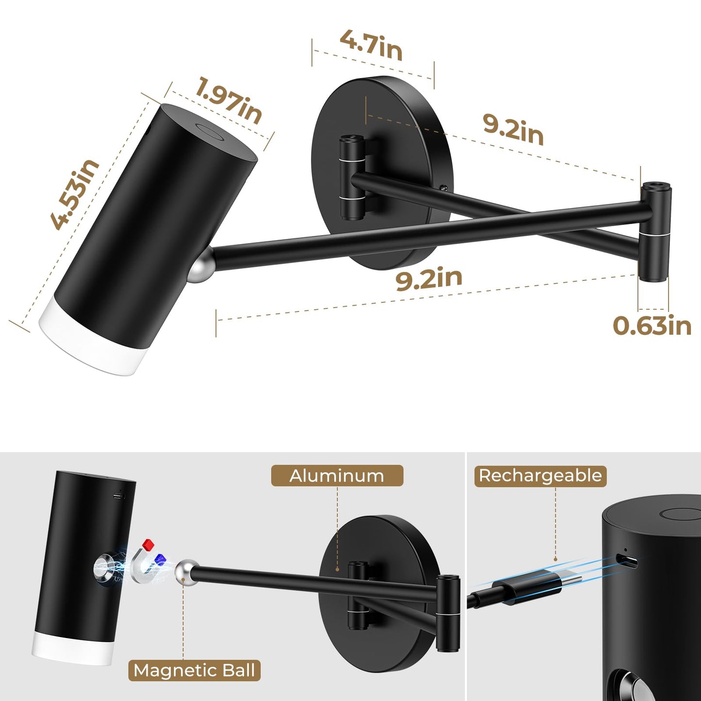 Afyuol Battery Operated Wall Sconces Set of 2, Swing Arm Wall Lamp with Remote Control, Not Hardwired Led Wall Lamp Fixtures Dimmable Wall Light Decor for Bedroom Reading Living Room