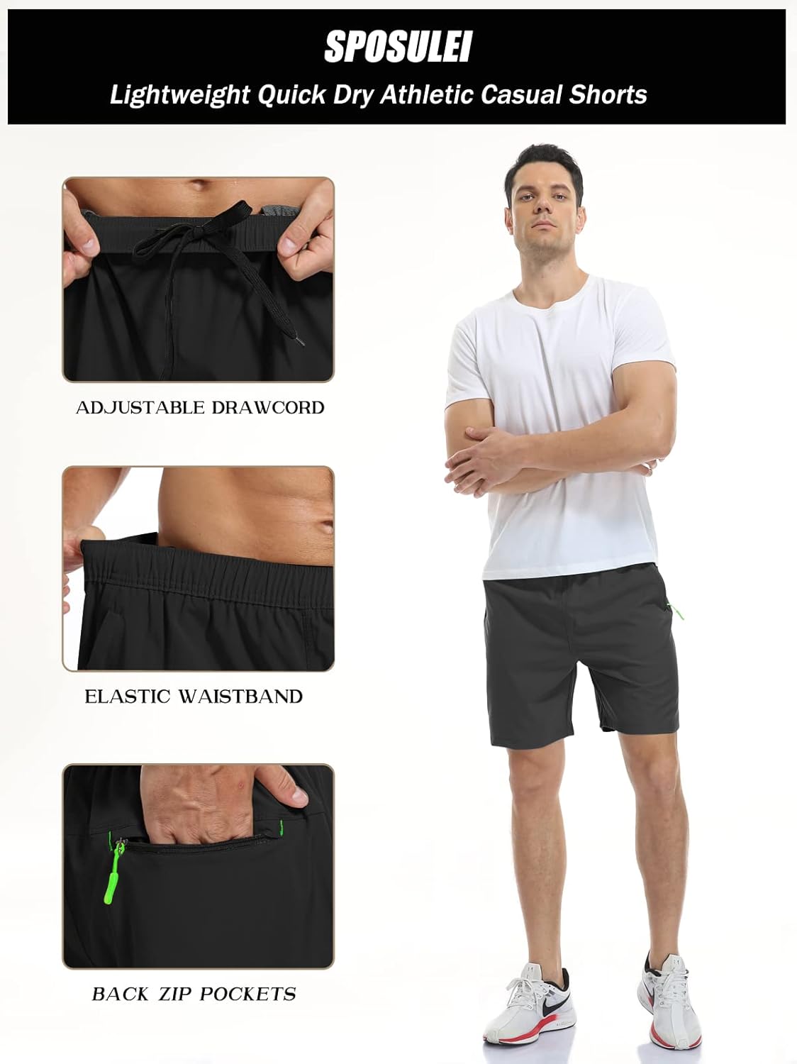 SPOSULEI Men's Athletic Hiking Shorts - Water Resistant, Quick-Dry, Lightweight with Zipper Pockets
