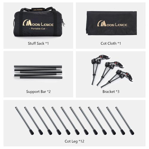 MOON LENCE Height Adjustable Camping Cot - Supports 330 lbs, Portable Folding Bed with Leg Extenders for Camping, Hiking, Sleeping, 1 Pack, Black