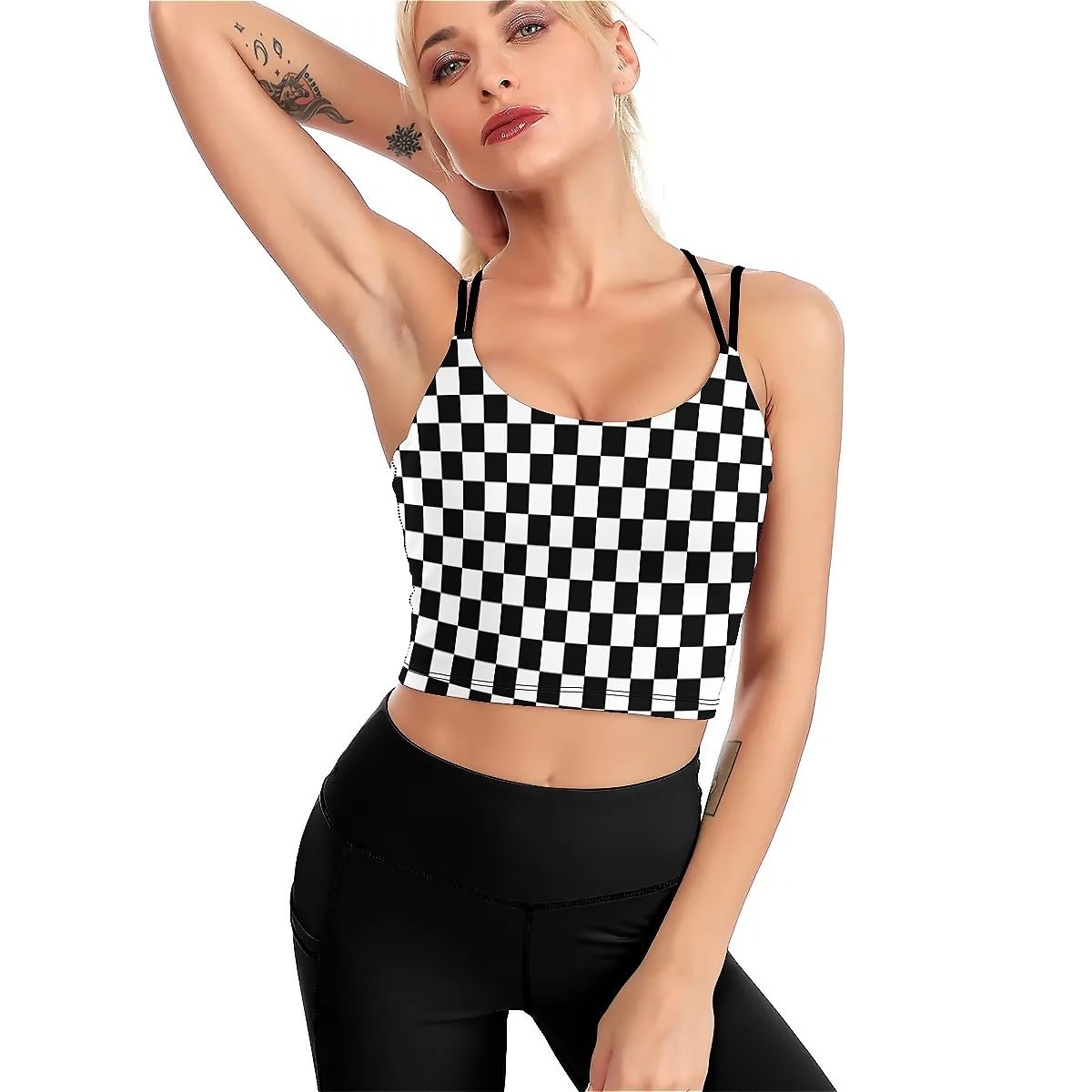 Black White Race Checkered Flag High Impact Sports Bras for Women Longline Padded Workout Running Crop Tops Support Yoga Tank Tops M