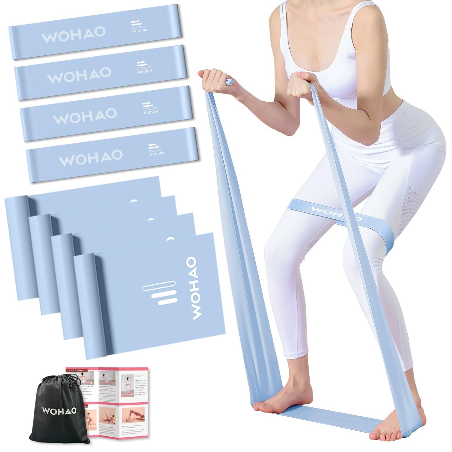 WOHAO 4-Pack Medium Resistance Bands [Blue] - High-Volume Toning Kit with 4 Loops - Includes Training Calendar & Organizer Bag(Blue Set x4)
