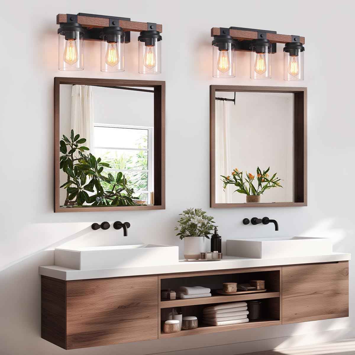 Farmhouse 2-Light Vanity Lights for Bathroom - Rustic Black Wood & Glass Sconces