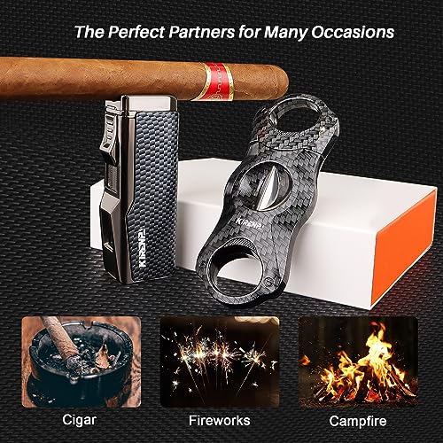 Kirenp Carbon Fiber All-in-One Cigar Lighter Set with V Cutter & Punch