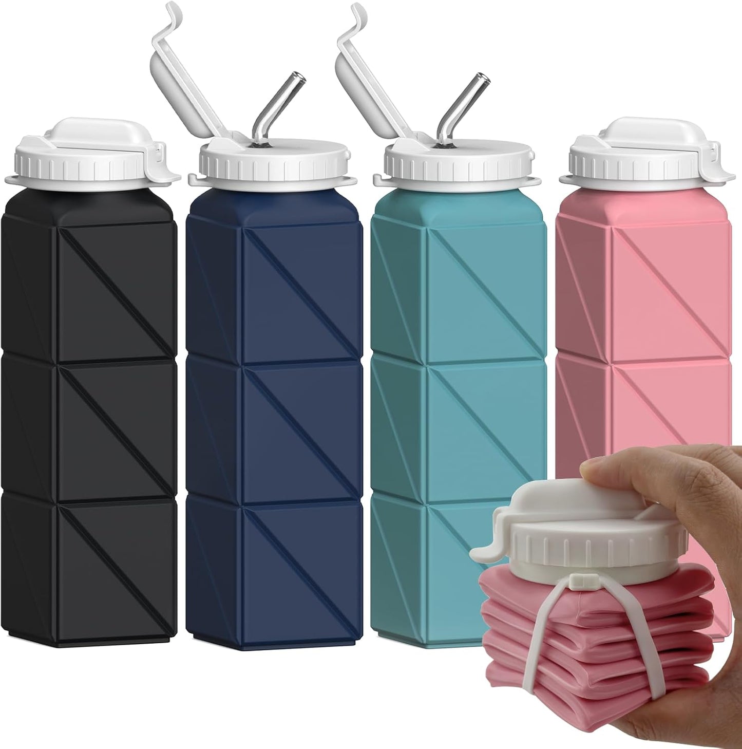 Skiennix Collapsible Water Bottles - 20.6oz Silicone, BPA-Free & Leakproof | 4 Pack (Black, Dark Blue, Blue, Pink)