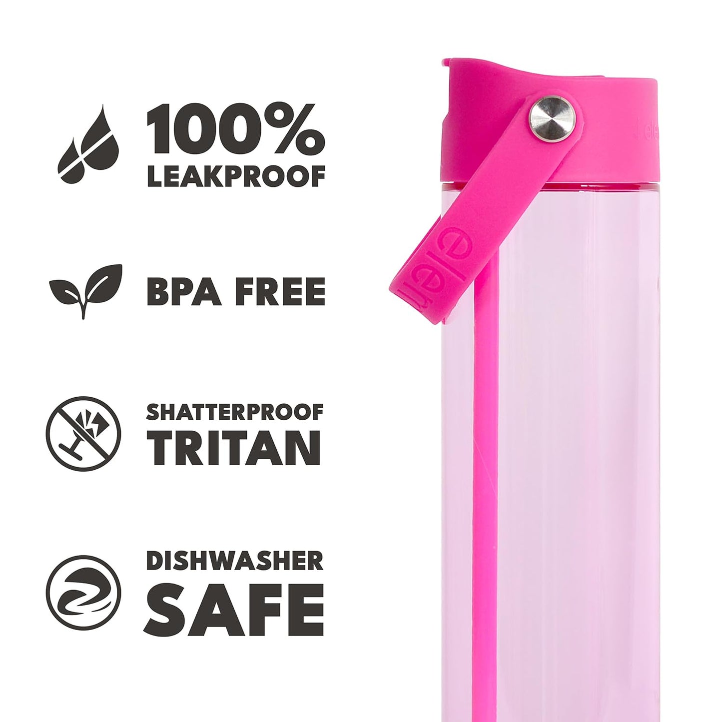Elemental Splash Water Bottle with Straw - BPA-Free Tritan Plastic Reusable Water Bottle with Strap - Ideal for Travel, Gym and Sports - Leak Proof when Spout is Closed - 26oz - Hot Pink