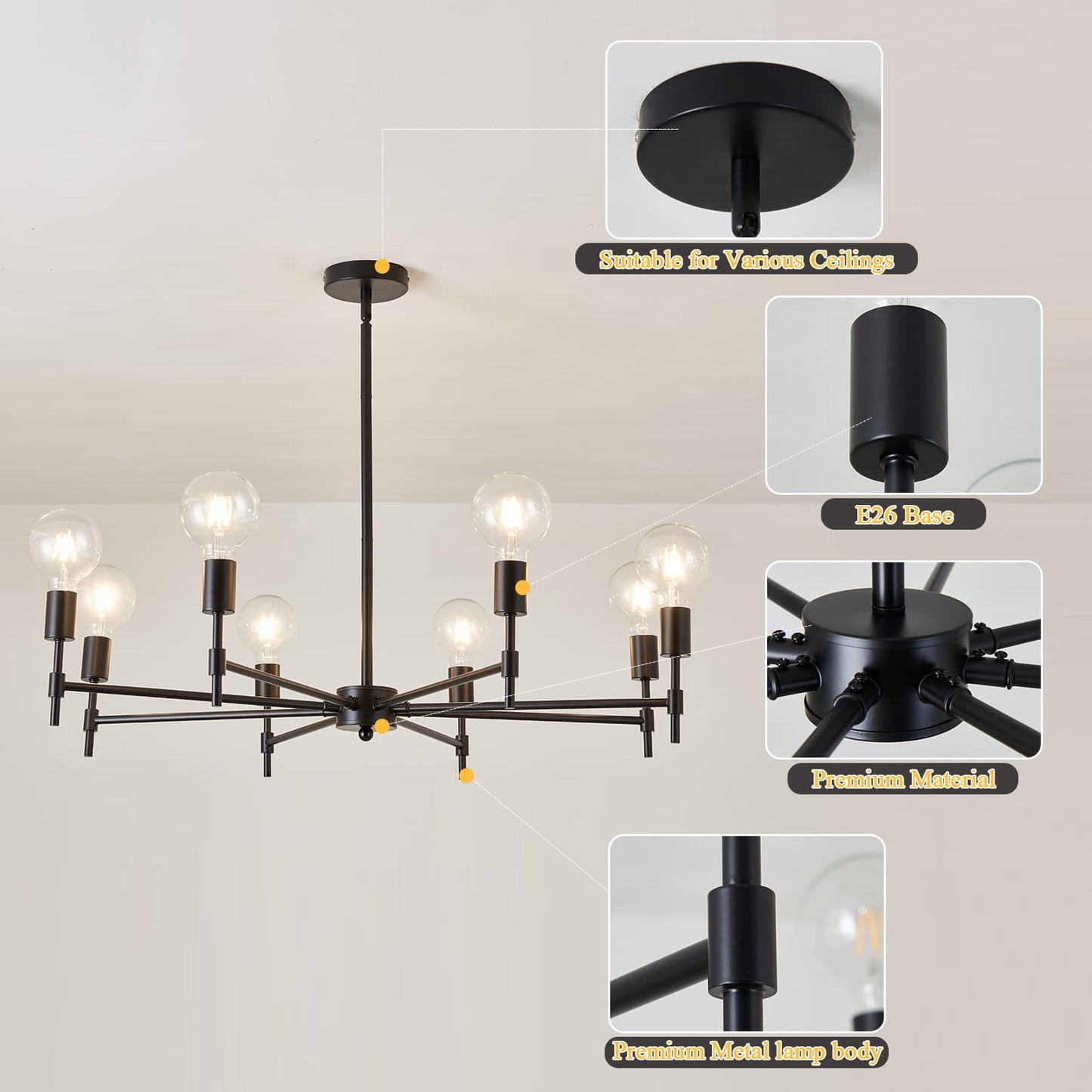 ASGYISA 8-Light Black Sputnik Chandelier Matte Industrial Flush Mount Ceiling Light Fixture Metal Modern Pendant Light for Farmhouse, Bedroom, Kitchen, Dining, Living Room, Island